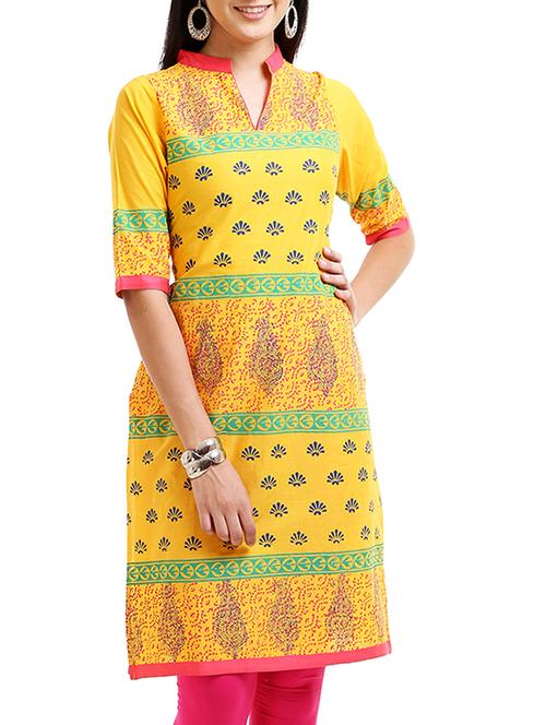 yellow cotton regular printed kurta - 12204034 - Very Small Image - 1