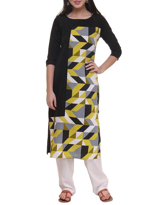 yellow & black crepe long kurta kurta - 12205344 - Very Small Image - 1