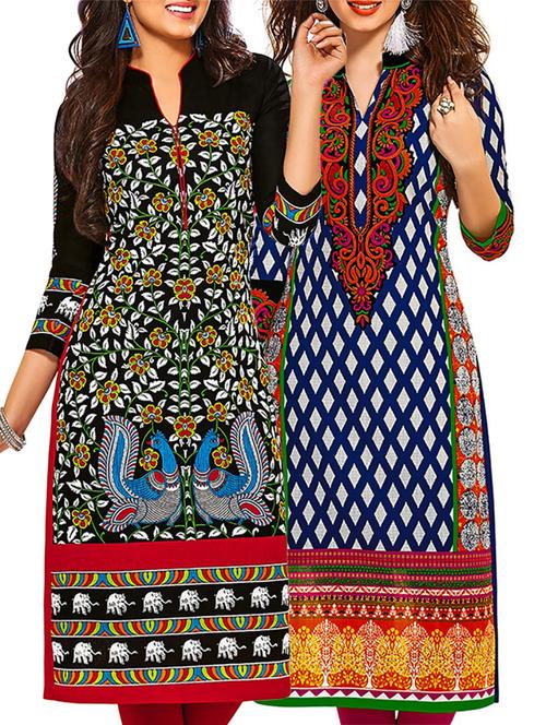 multicolored cotton printed unstitched kurtas (set of 2) - 12207021 - Very Small Image - 1