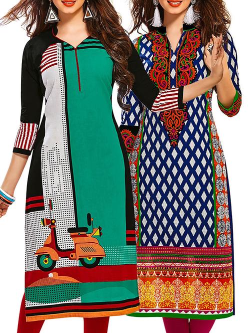 multicolored cotton printed unstitched kurtas (set of 2) - 12207035 - Very Small Image - 1
