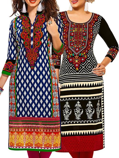 multicolored cotton printed unstitched kurtas (set of 2) - 12207046 - Very Small Image - 1