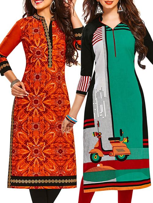 multicolored cotton printed unstitched kurtas(set of 2) - 12207065 - Very Small Image - 1