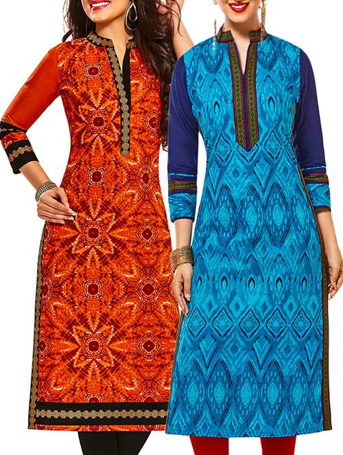 multicolored cotton printed unstitched kurtas (set of 2) - 12207075 - Very Small Image - 1