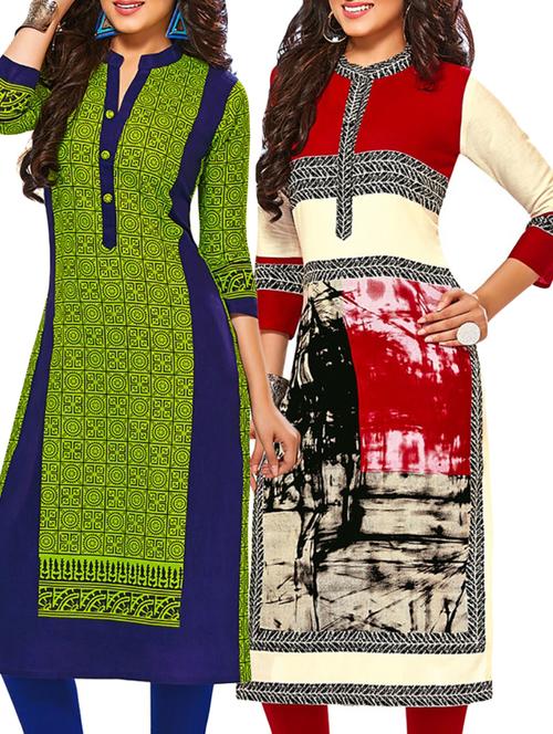 multicolored cotton unstitched kurtas(set of 2) - 12207205 - Very Small Image - 1
