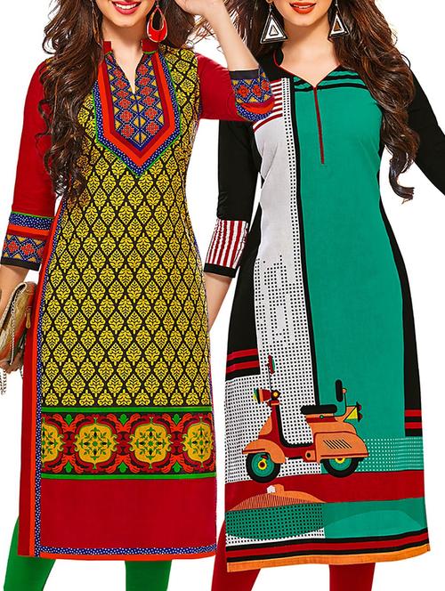multicolored cotton printed unstitched kurtas (set of 2) - 12207307 - Very Small Image - 1