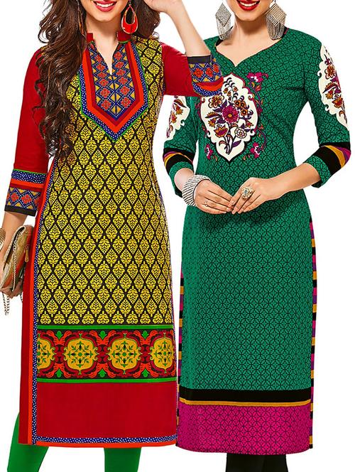 multicolored cotton unstitched kurtas(set of 2) - 12207311 - Very Small Image - 1