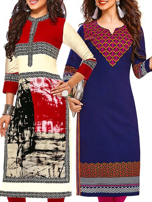 multicolored cotton printed unstitched kurtas(set of 2) - 12207330 - Very Small Image - 1
