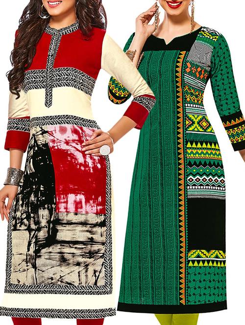 multicolored cotton printed unstitched kurtas(set of 2) - 12207363 - Very Small Image - 1