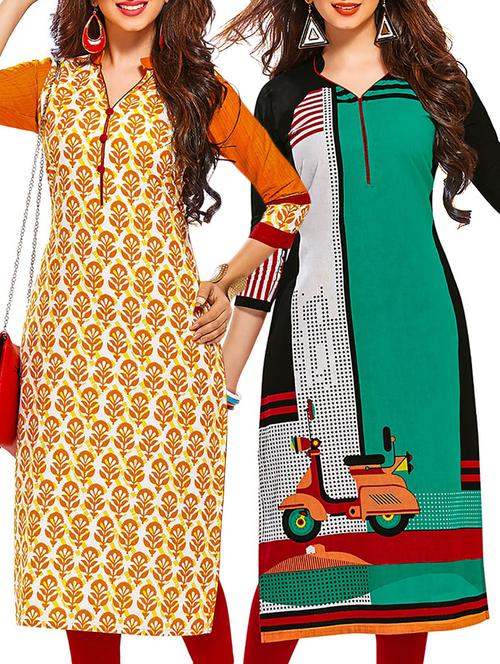 multicolored cotton unstitched kurtas(set of 2) - 12207375 - Very Small Image - 1