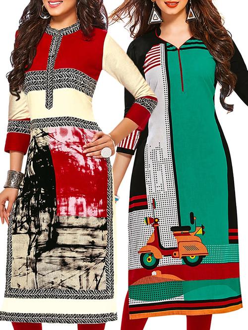 multicolored cotton unstitched kurtas(set of 2) - 12207378 - Very Small Image - 1