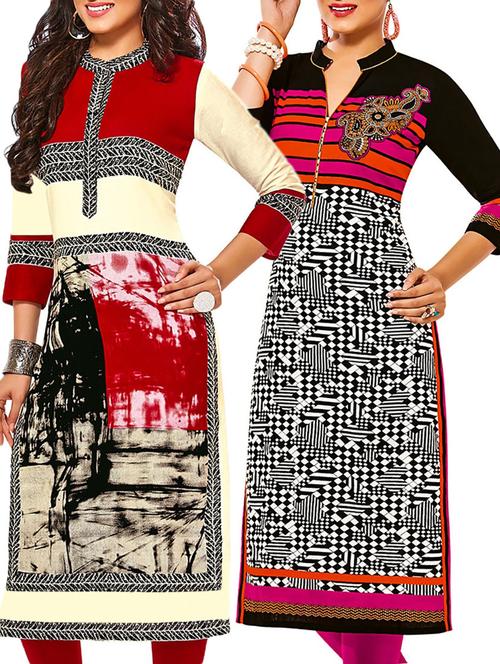 multicolored cotton printed unstitched kurtas (set of 2) - 12207445 - Very Small Image - 1