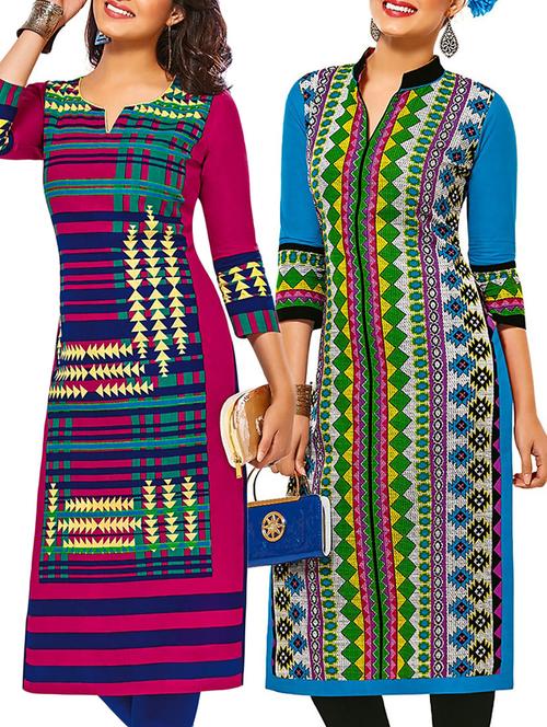 multicolored cotton unstitched kurtas(set of 2) - 12207487 - Very Small Image - 1