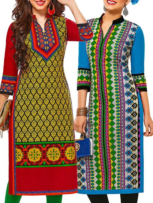 multicolored cotton printed unstitched kurtas (set of 2) - 12207489 - Very Small Image - 1