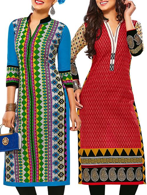 multicolored cotton unstitched kurtas(set of 2) - 12207494 - Very Small Image - 1
