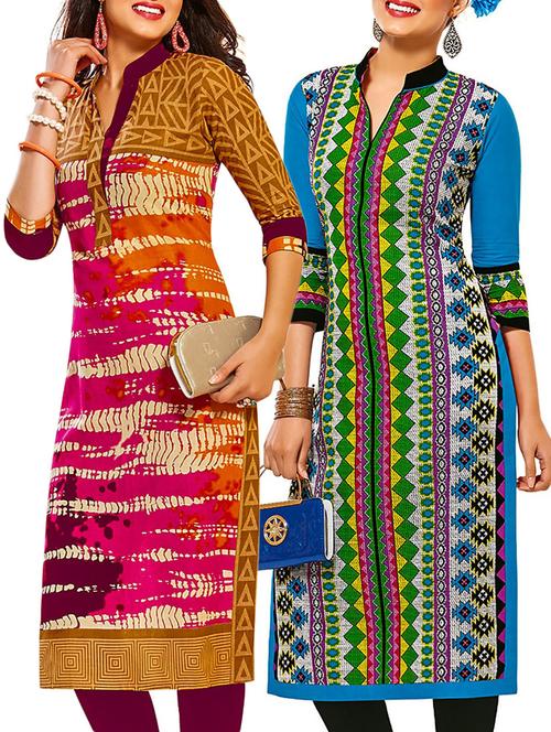 multicolored cotton printed unstitched kurtas (set of 2) - 12207501 - Very Small Image - 1