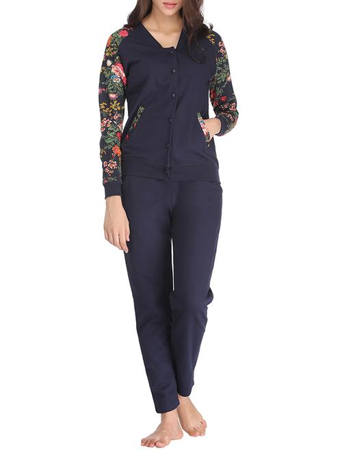 navy blue floral fleece top and pyjama set - 12209695 - Very Small Image - 1