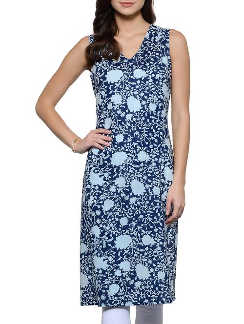 blue cotton floral printed straight kurta - 12210297 - Very Small Image - 1