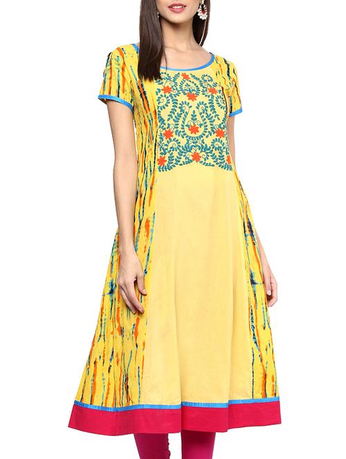 yellow cotton straight kurta - 12210299 - Very Small Image - 1