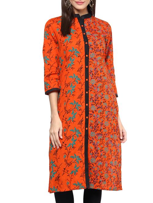 orange cotton block printed straight kurta - 12210304 - Very Small Image - 1