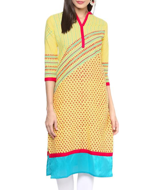 yellow cotton straight kurta - 12210306 - Very Small Image - 1