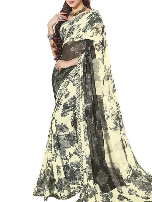 grey synthetic printed saree with blouse - 12212342 - Very Small Image - 1