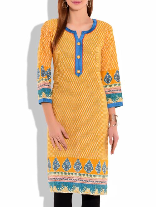 yellow printed quarter sleeved cotton kurta - 1224340 - Very Small Image - 1