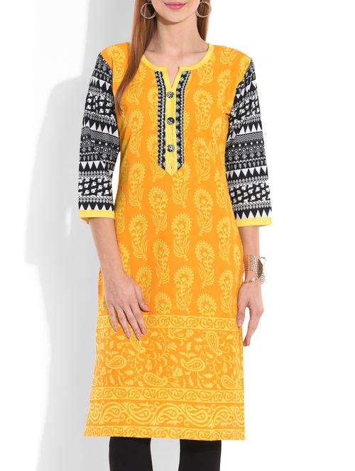 orange and yellow printed quarter sleeved cotton kurta - 1224350 - Very Small Image - 1
