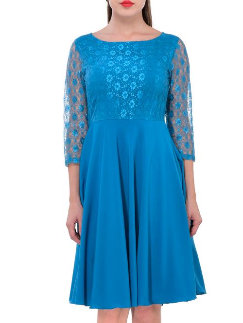 solid blue crepe laced fit and flare dress - 12243948 - Very Small Image - 1