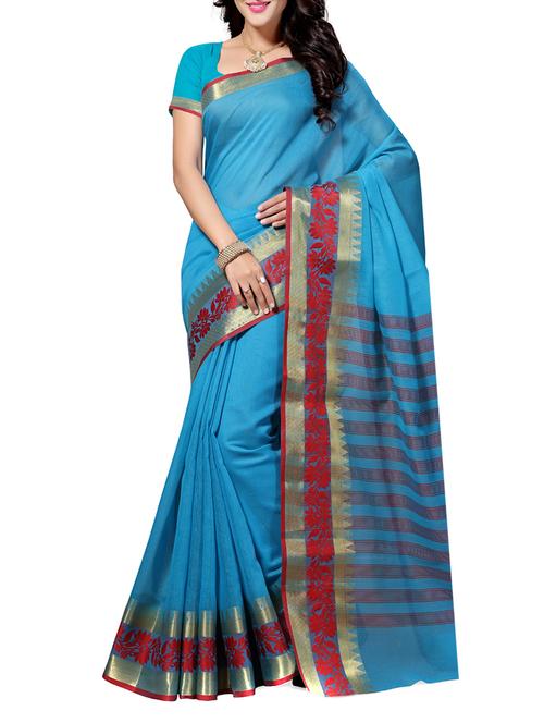 sky blue cotton saree with blouse - 12245066 - Very Small Image - 1