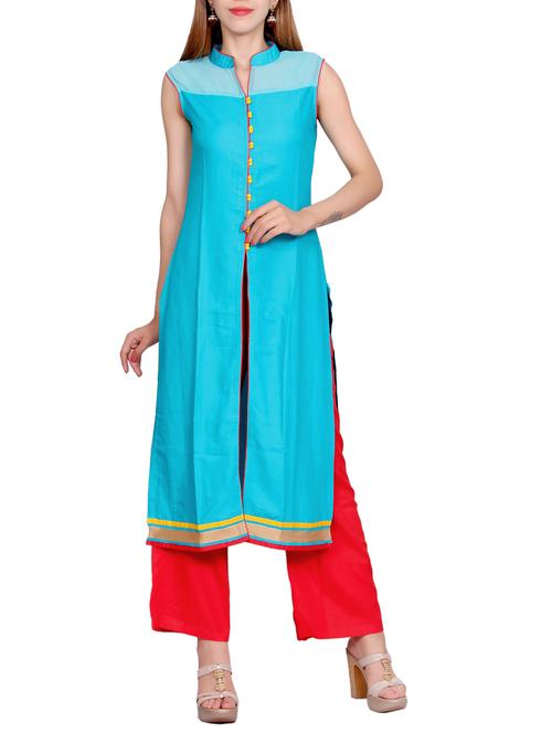 turquoise rayon straight kurti - 12247020 - Very Small Image - 1