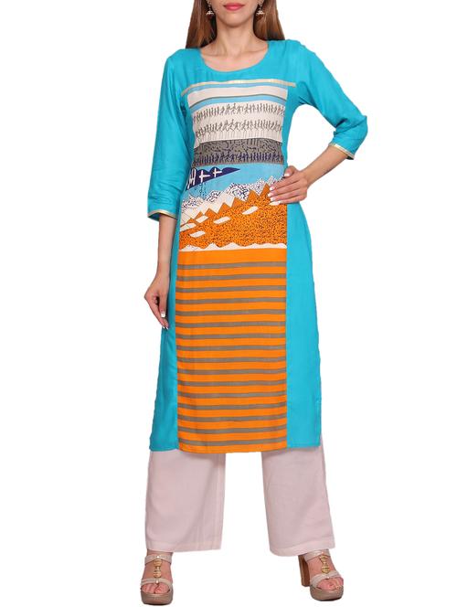 turquoise rayon straight kurta - 12247033 - Very Small Image - 1
