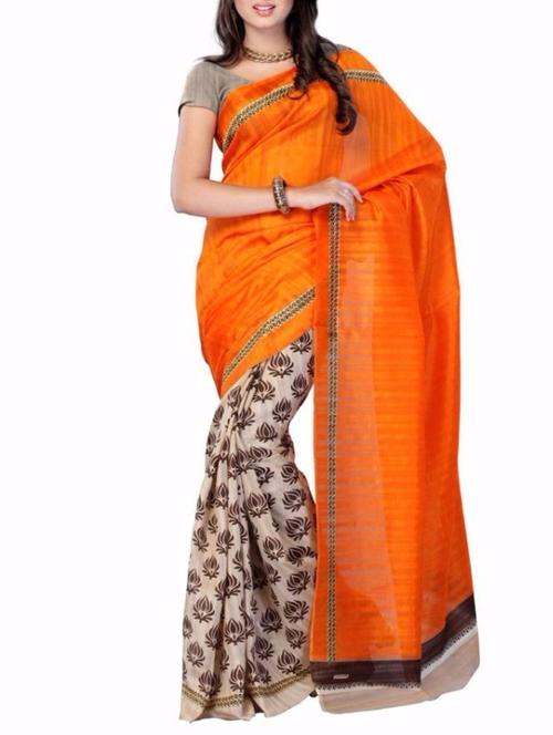 orange silk saree with blouse - 12257828 - Very Small Image - 1