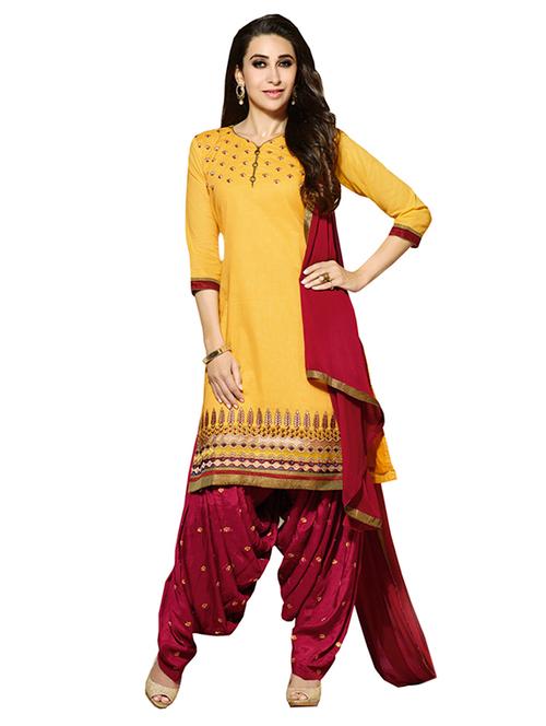 yellow cotton semistitched suit - 12258225 - Very Small Image - 1
