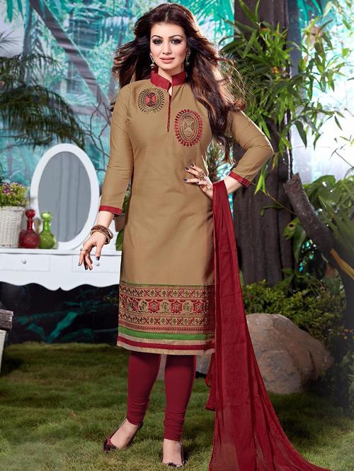 beige cotton semistitched suit - 12258374 - Very Small Image - 1