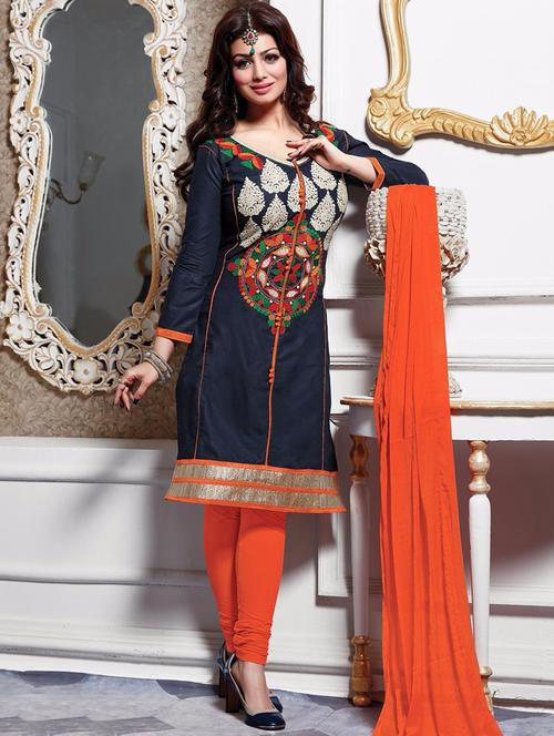 blue cotton semistitched suit - 12258376 - Very Small Image - 1