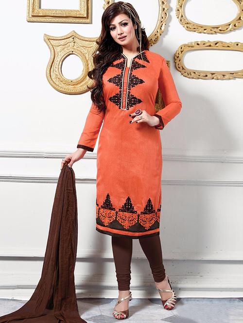 orange cotton semistitched suit - 12258378 - Very Small Image - 1