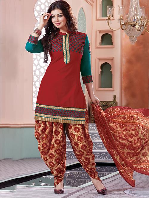 red cotton semistitched suit - 12258402 - Very Small Image - 1