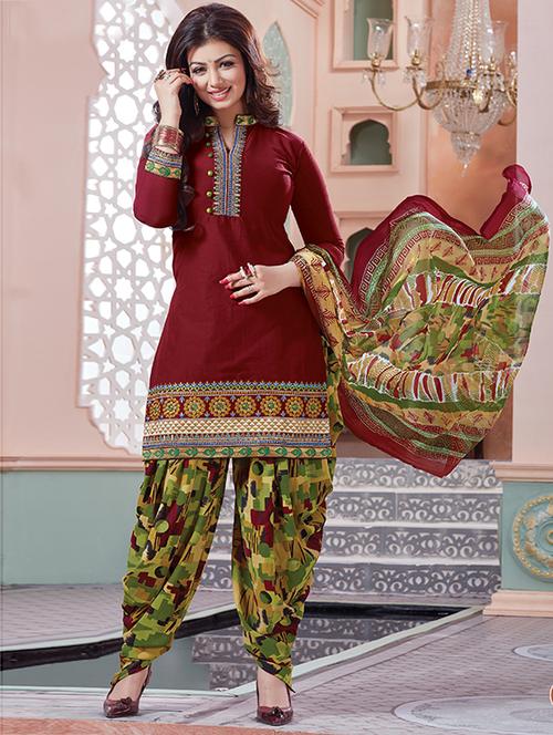 maroon cotton semistitched suit - 12258403 - Very Small Image - 1