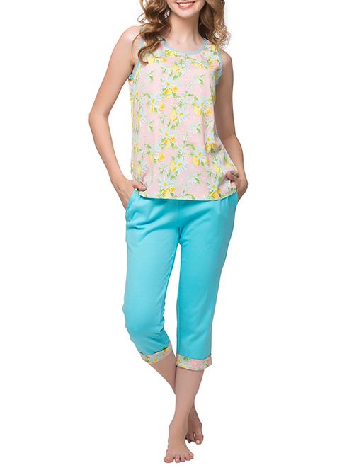 blue and beige floral printed crepe capri nightwear set - 12259435 - Very Small Image - 1