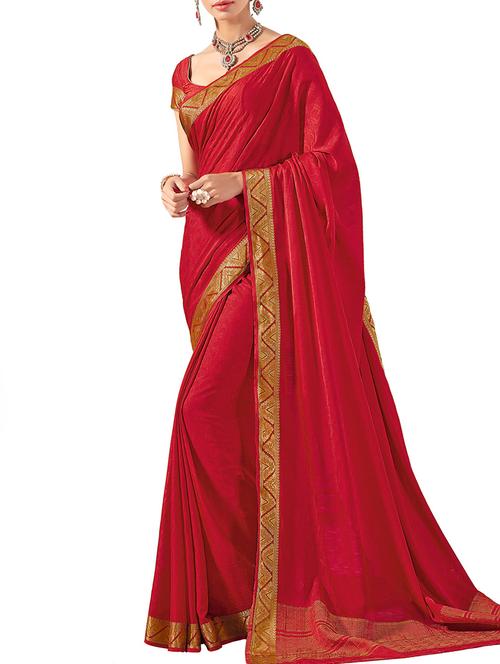 red crepe bordered saree with blouse - 12265490 - Very Small Image - 1