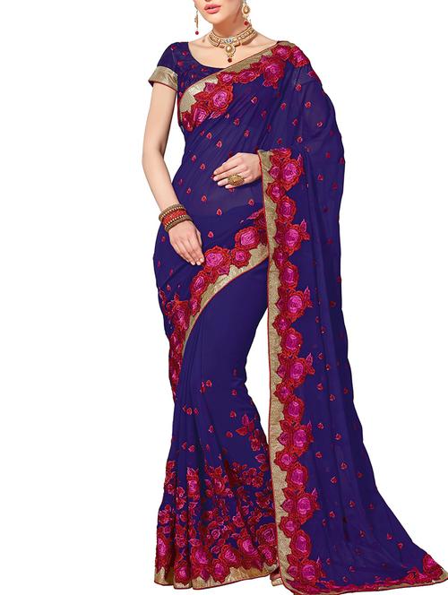 floral thread embroidered saree with blouse - 12265520 - Very Small Image - 1