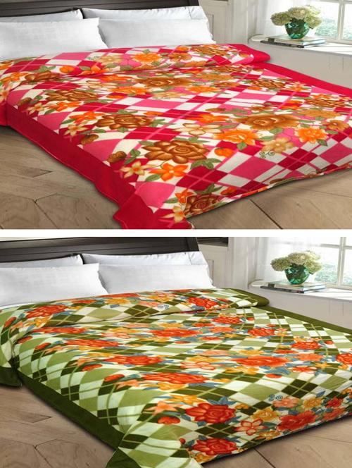set of 2 floral print double bed fleece blankets - 12267814 - Very Small Image - 1