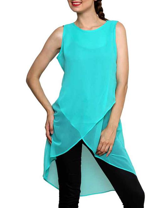 turquoise georgette plain high-low kurta - 12269924 - Very Small Image - 1