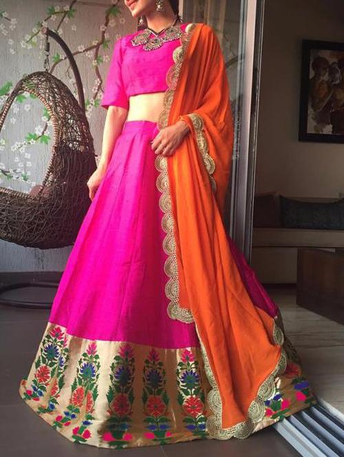 orange poly silk aline lehenga - 12274995 - Very Small Image - 1