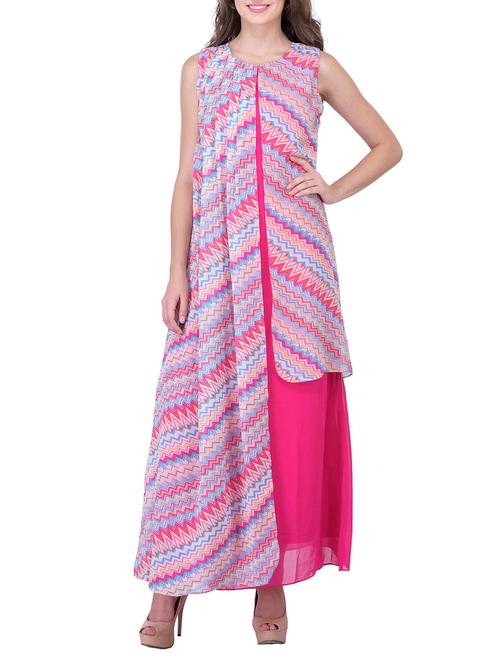 pink chevron printed georgette dress - 12278447 - Very Small Image - 1