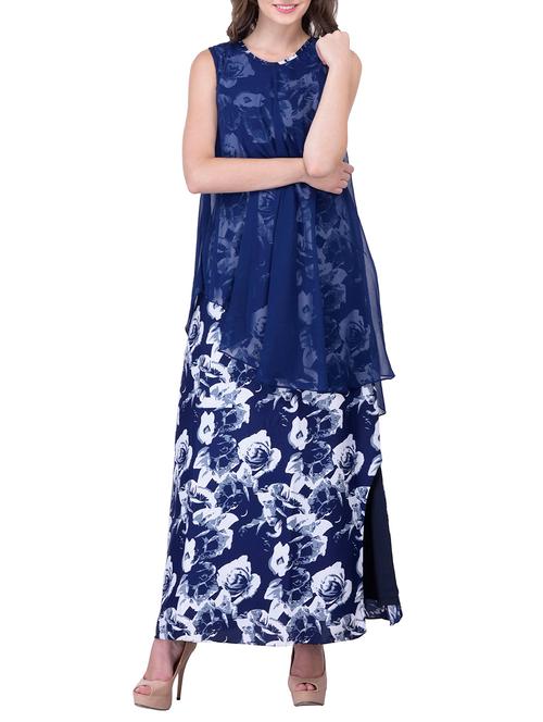 navy blue floral printed crepe dress - 12278454 - Very Small Image - 1