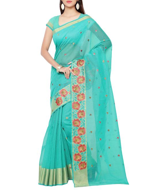 turquoise cotton kota doria saree with blouse - 12292920 - Very Small Image - 1