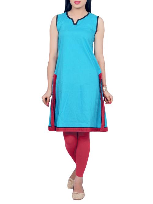 turquoise cotton straight kurti - 12297217 - Very Small Image - 1