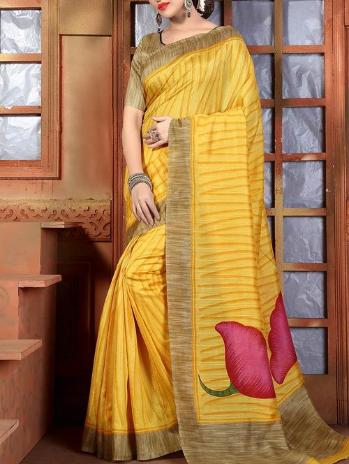 yellow bhagalpuri silk printed saree with blouse - 12298604 - Very Small Image - 1