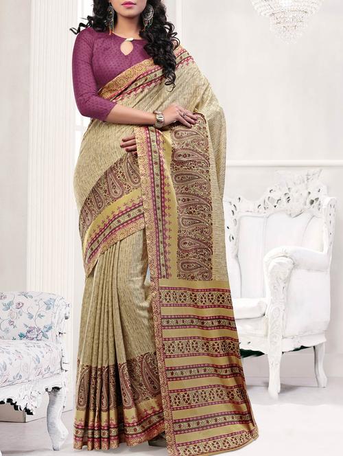 beige pasmina silk printed saree with blouse - 12298618 - Very Small Image - 1